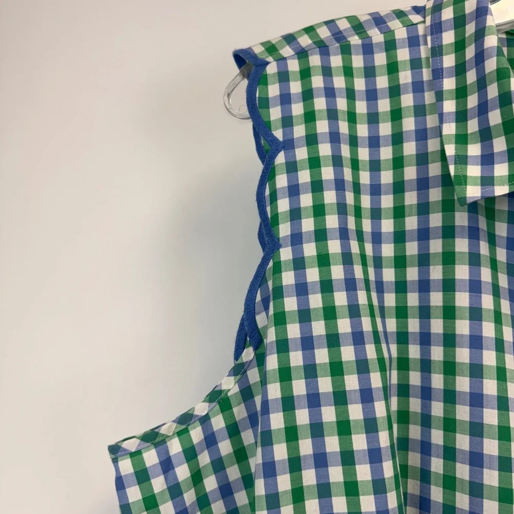 Talbots Womens 18 Gingham Sleeveless Button Down Shirt Scallop Trim Green Blue - Picture 4 of 13